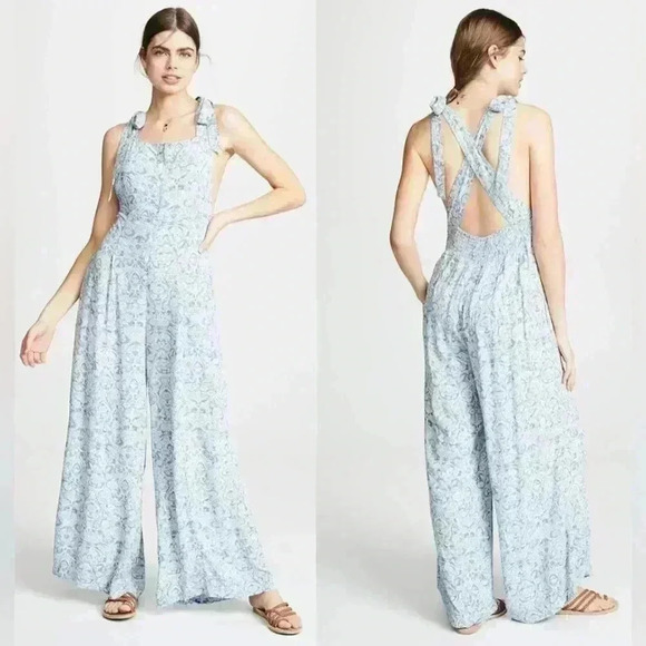 Free People Sugar Sands Wide Leg Jumpsuit BOHO Blue White Size XS Women's - Picture 8 of 15